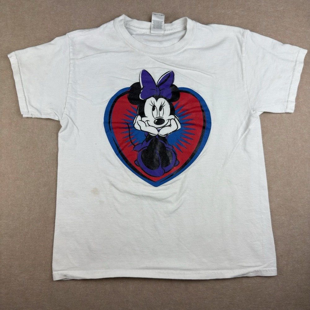 Gildan Youth M White T-Shirt Minnie Mouse Disney Graphic Heart Bow‎ Cartoon Tee
